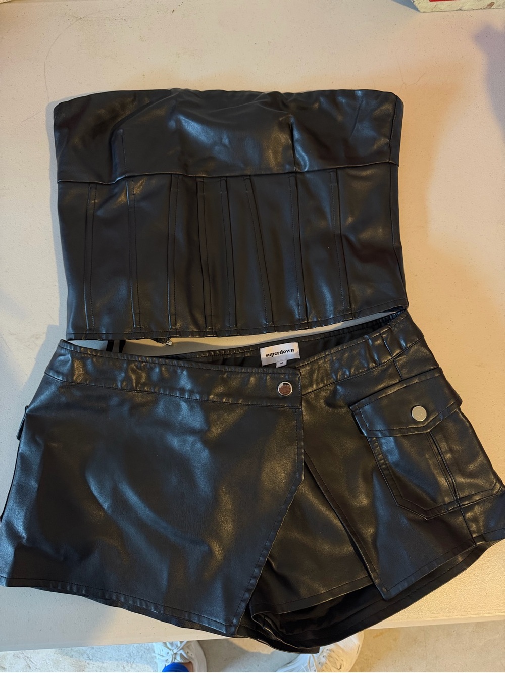 superdown Black Faux Leather Corset Top